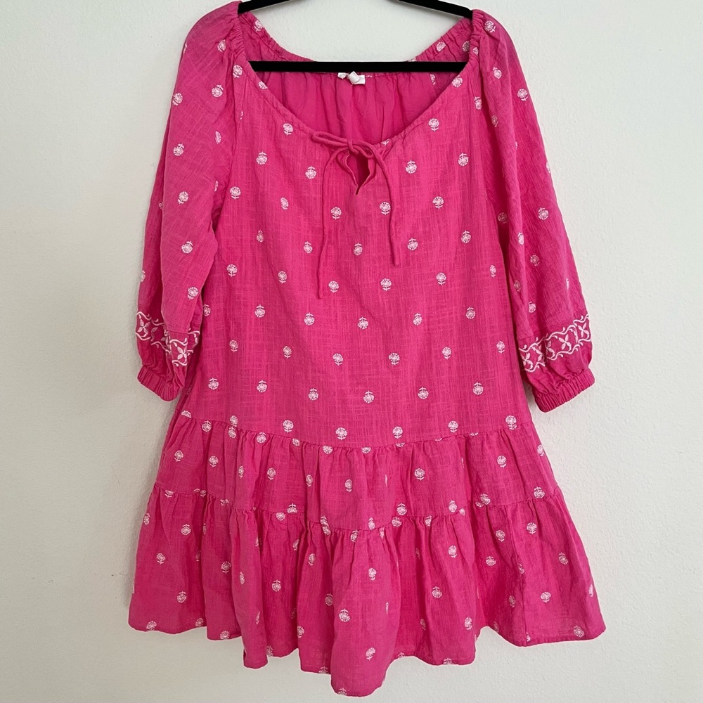 Pink‎ Boho Tiered Mini Dress Embroidered Floral Peasant Cottagecore